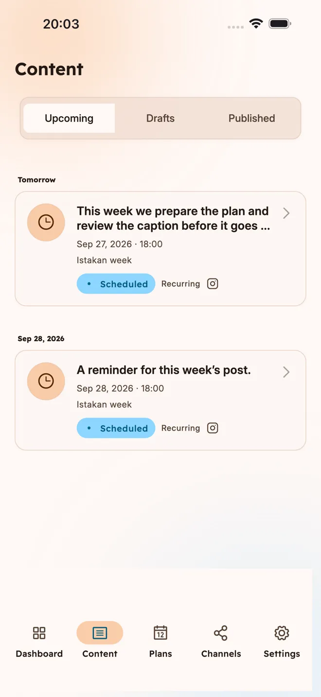 The istakan timeline with upcoming posts, drafts, and published content