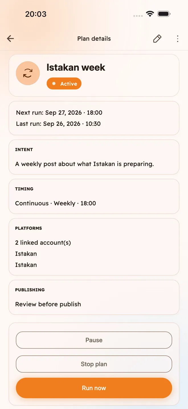 The istakan content plan screen with topic and publishing settings