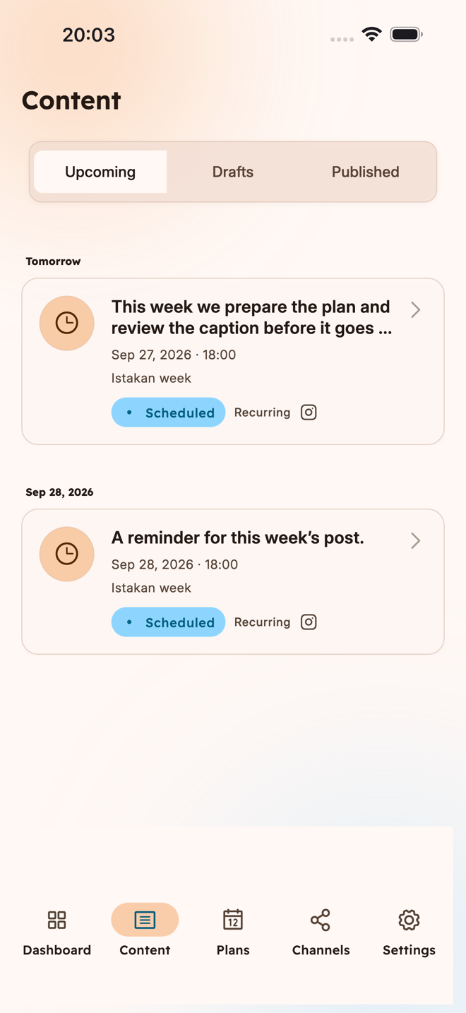 The istakan timeline with upcoming posts, drafts, and published content