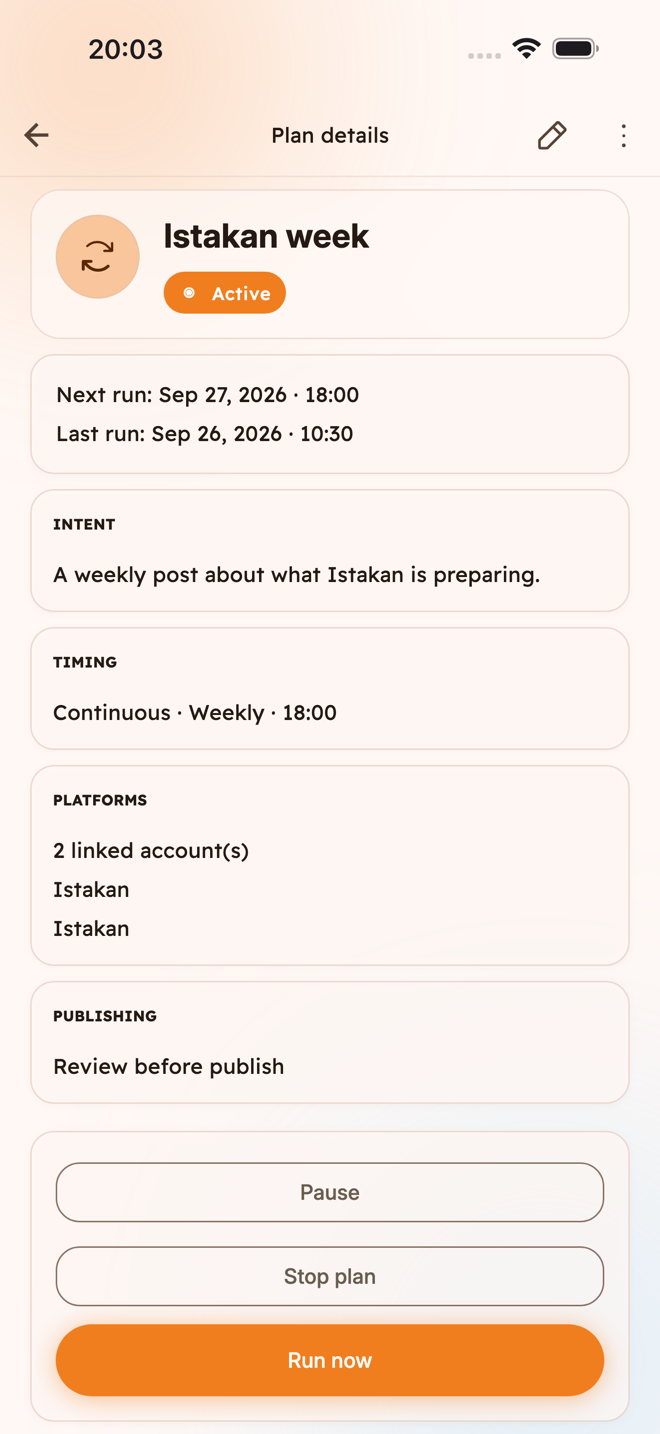 The istakan content plan screen with topic and publishing settings